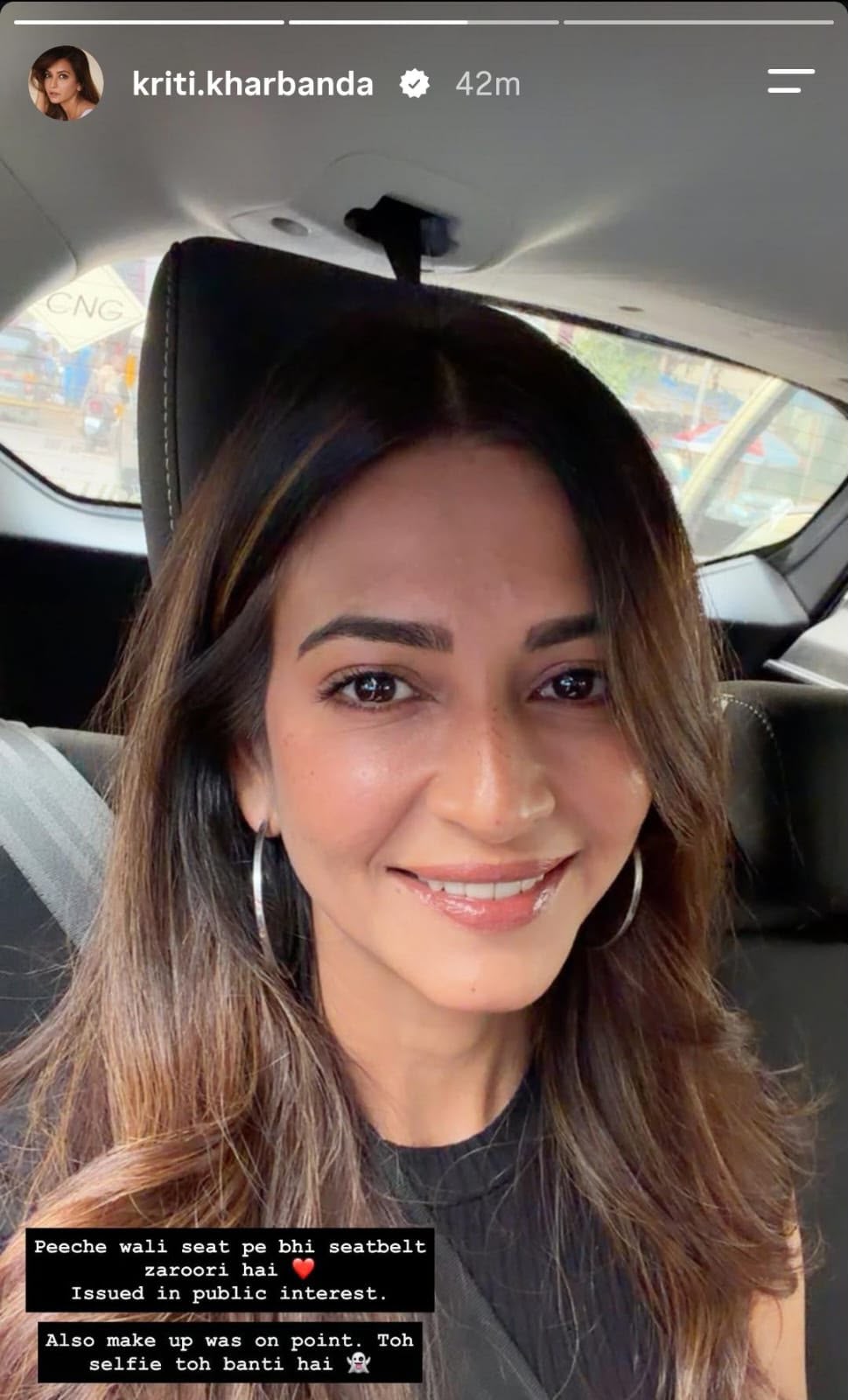 Kriti Kharbanda’s Glam Car Selfie Comes With a Crucial Message: “Peeche Wali Seat Pe Bhi Seatbelt Zaroori Hai”